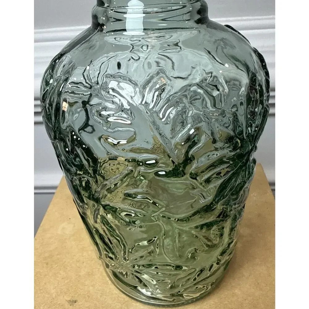 Vintage Canada Green Embossed Glass Bottle Decanter Cork Stopper Floral Leaf